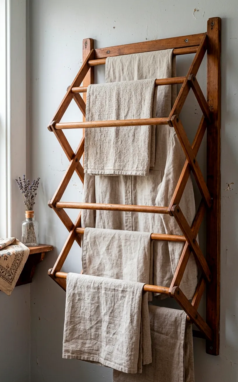 Wall-mounted antique wooden accordion drying rack used for air-drying clothes in a modern home.