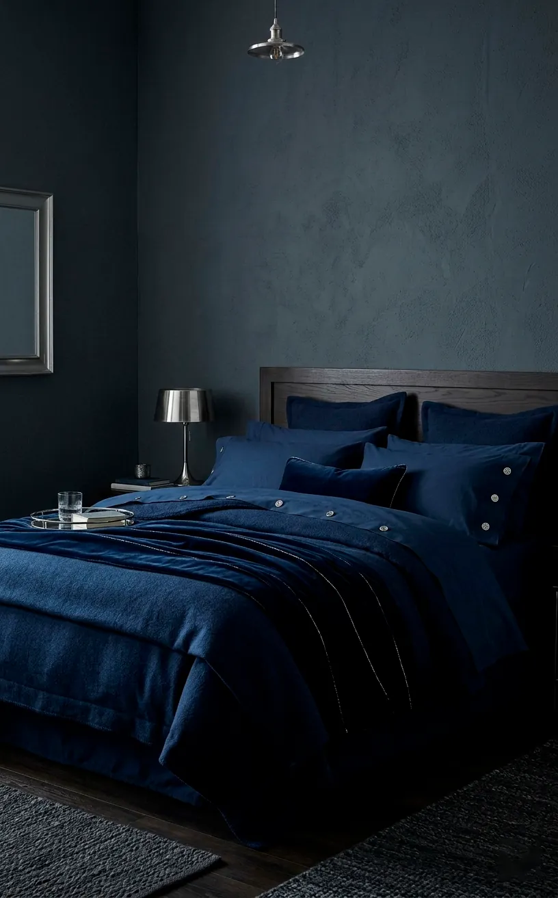 Calming charcoal and navy bedroom with layered blankets and silver metallic accents.