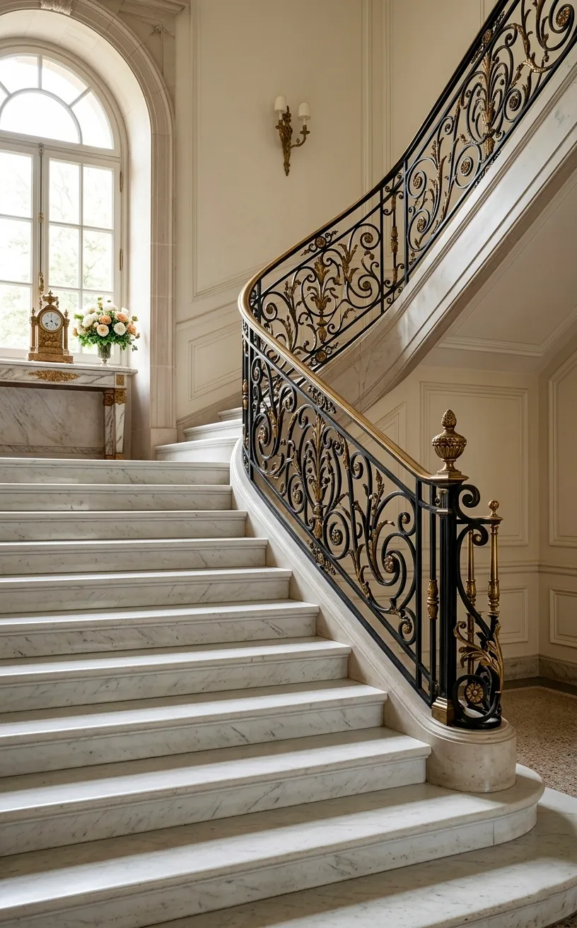 Ornate black and antique brass scrollwork railing on a marble staircase.