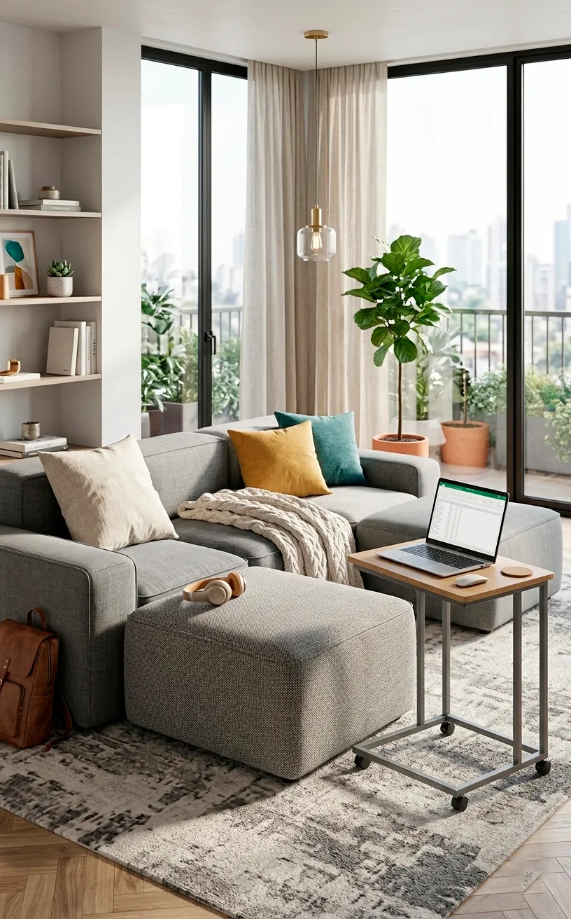 Modular grey sofa pieces in a versatile guest office room.
