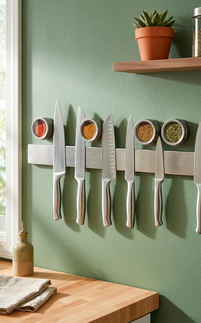 Magnetic knife and spice strip mounted on a sage green kitchen wall.