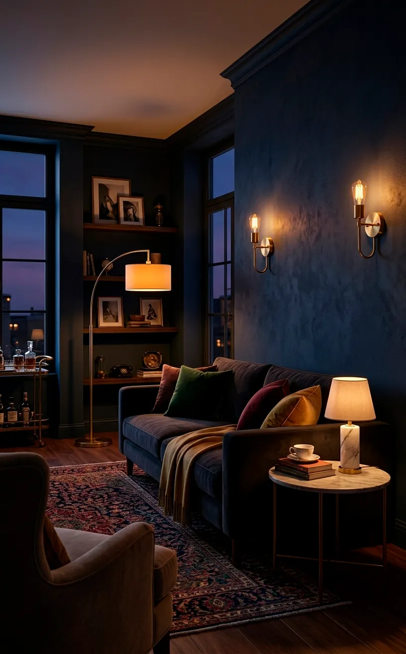 Layered living room lighting with floor lamps and sconces creating a warm glow.