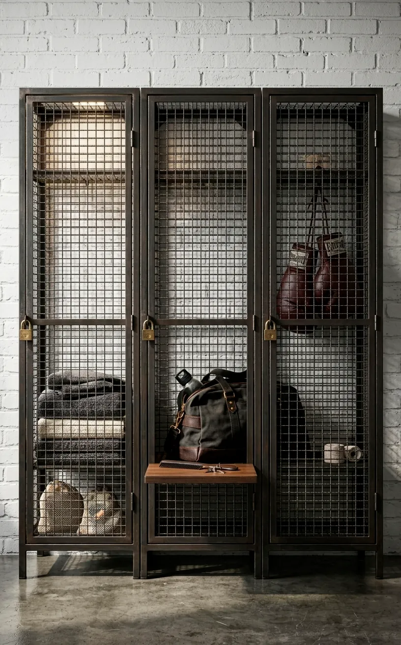 Steel wire mesh lockers used for storage in an industrial home gym.