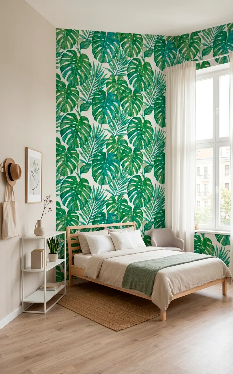 Rental-friendly leaf print wallpaper creating a focal point in a bright apartment bedroom.