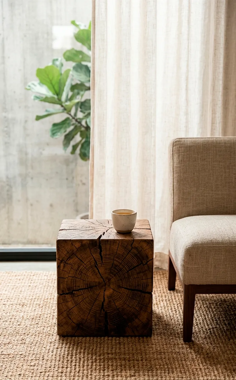 Solid cedar block side table in a minimalist living room.