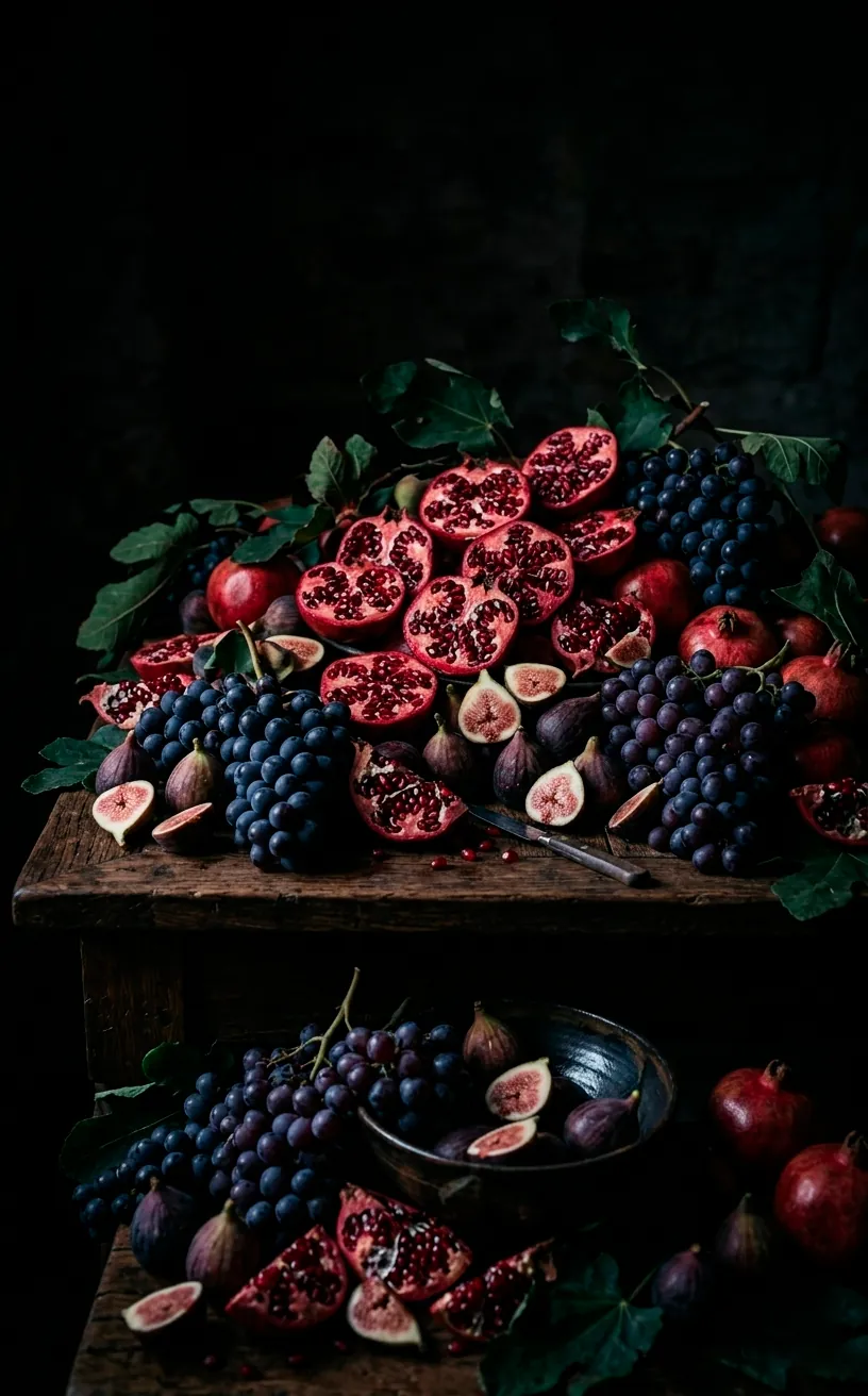 Still-life arrangement of pomegranates, figs, and grapes on a dark wooden table.