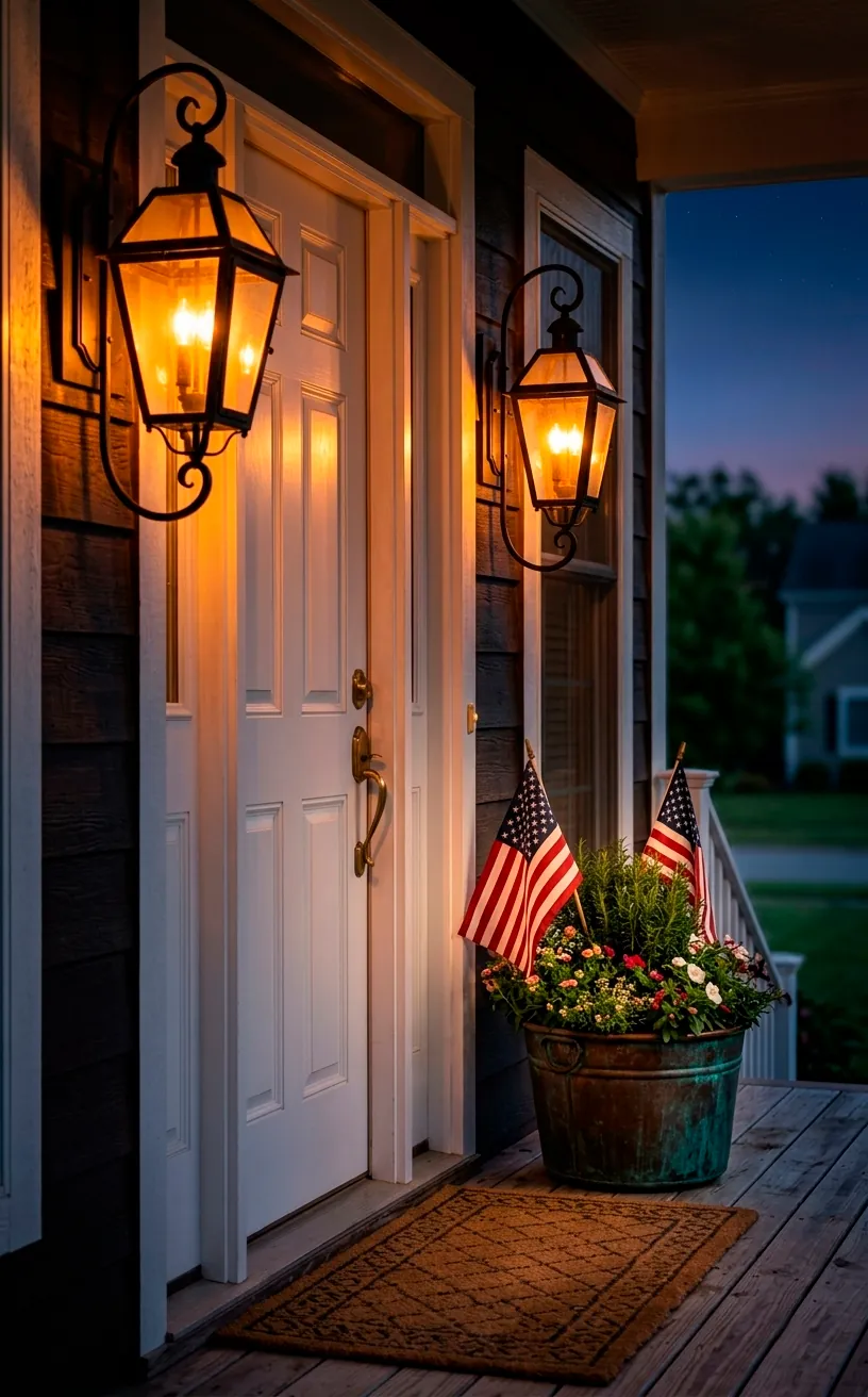 Large black porch lanterns glowing with warm light at dusk next to a white door.