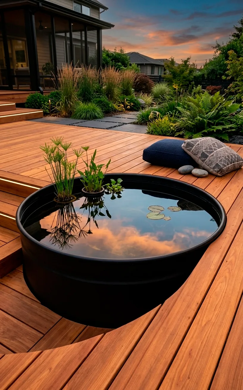 Black stock tank pond built into a custom wooden deck with modern furniture.