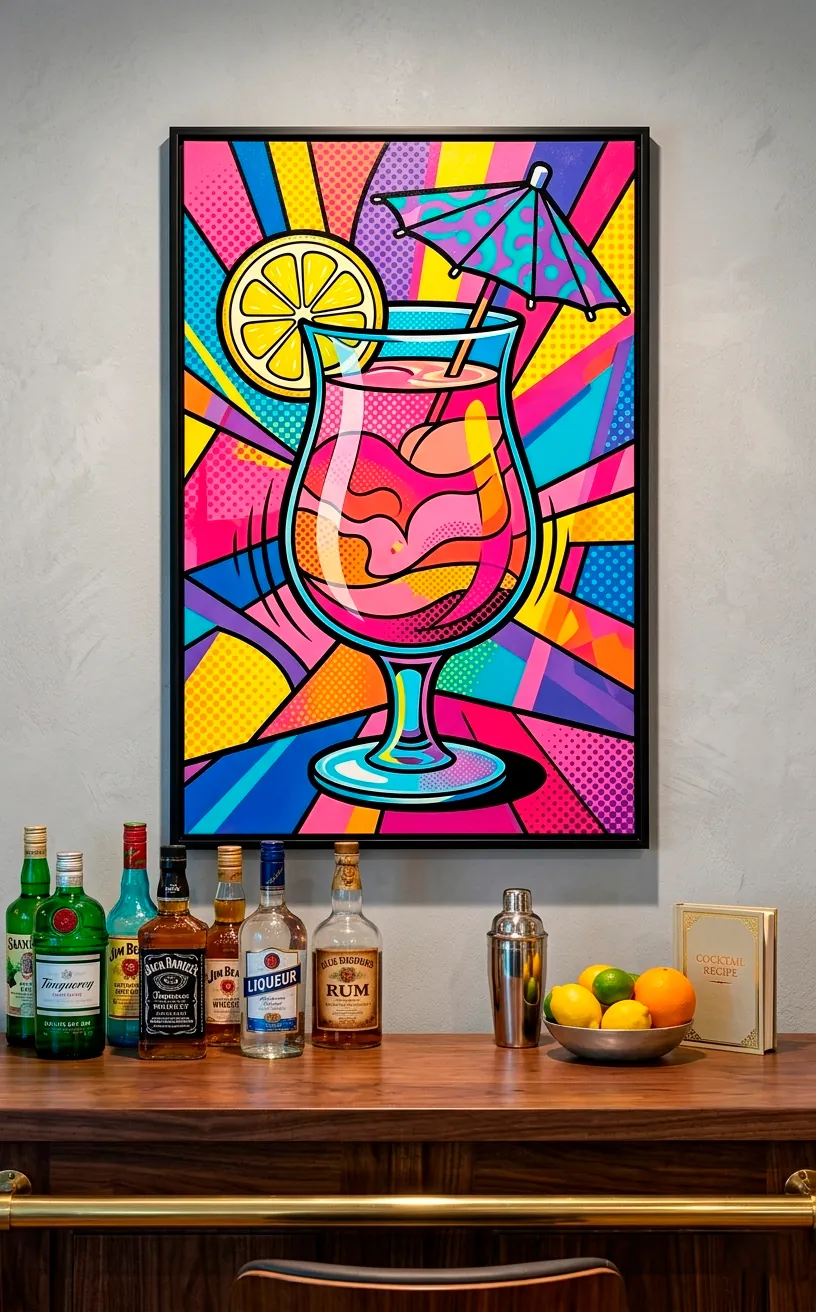 Colorful pop-art cocktail painting hanging above a wooden home bar.