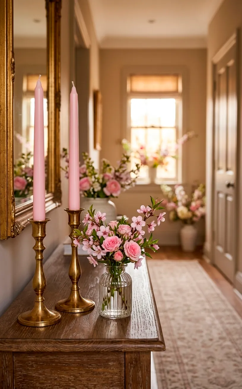 Pair of pastel pink taper candles in brass holders on a spring-themed console table.