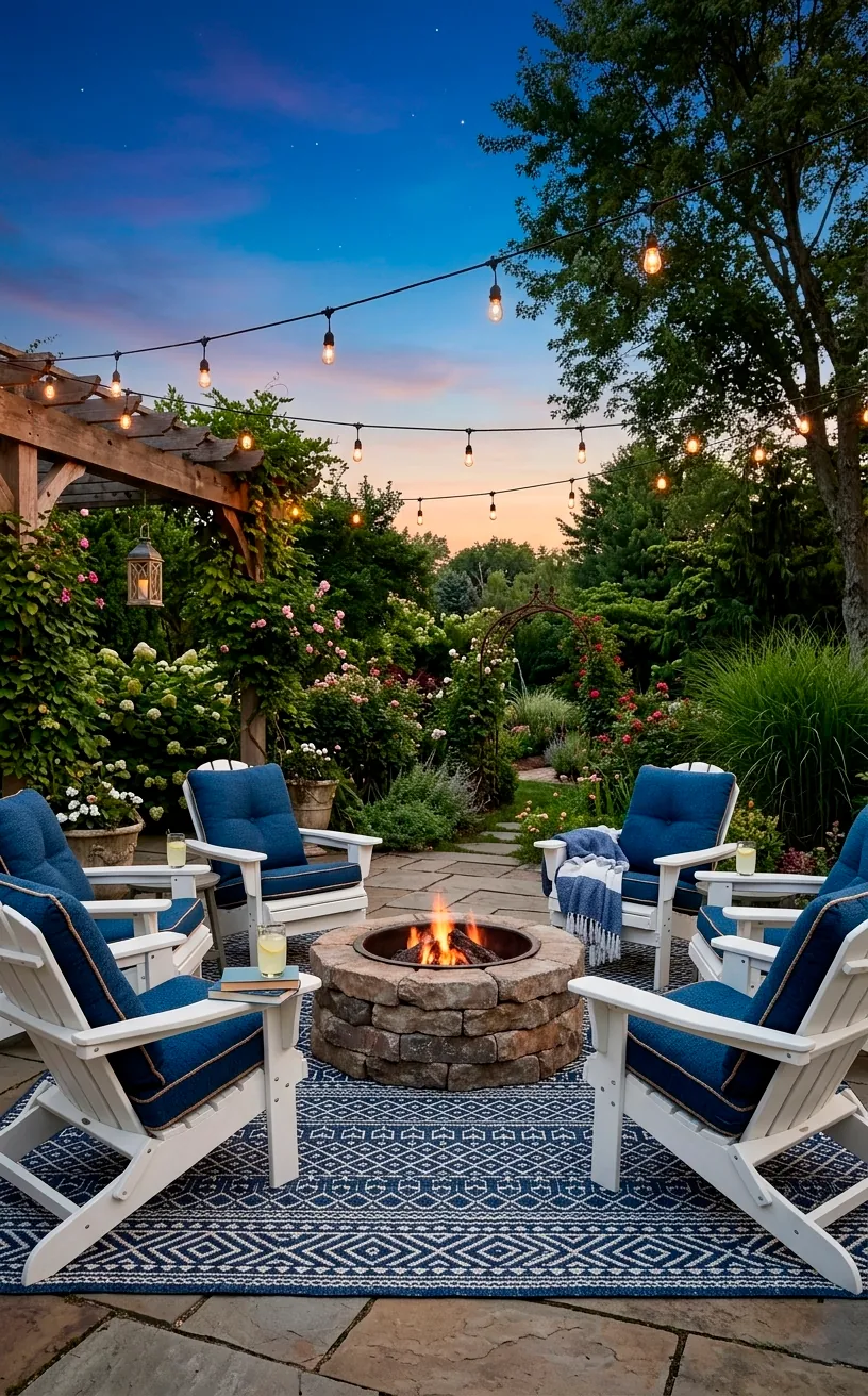 Outdoor patio with white Adirondack chairs and navy cushions.