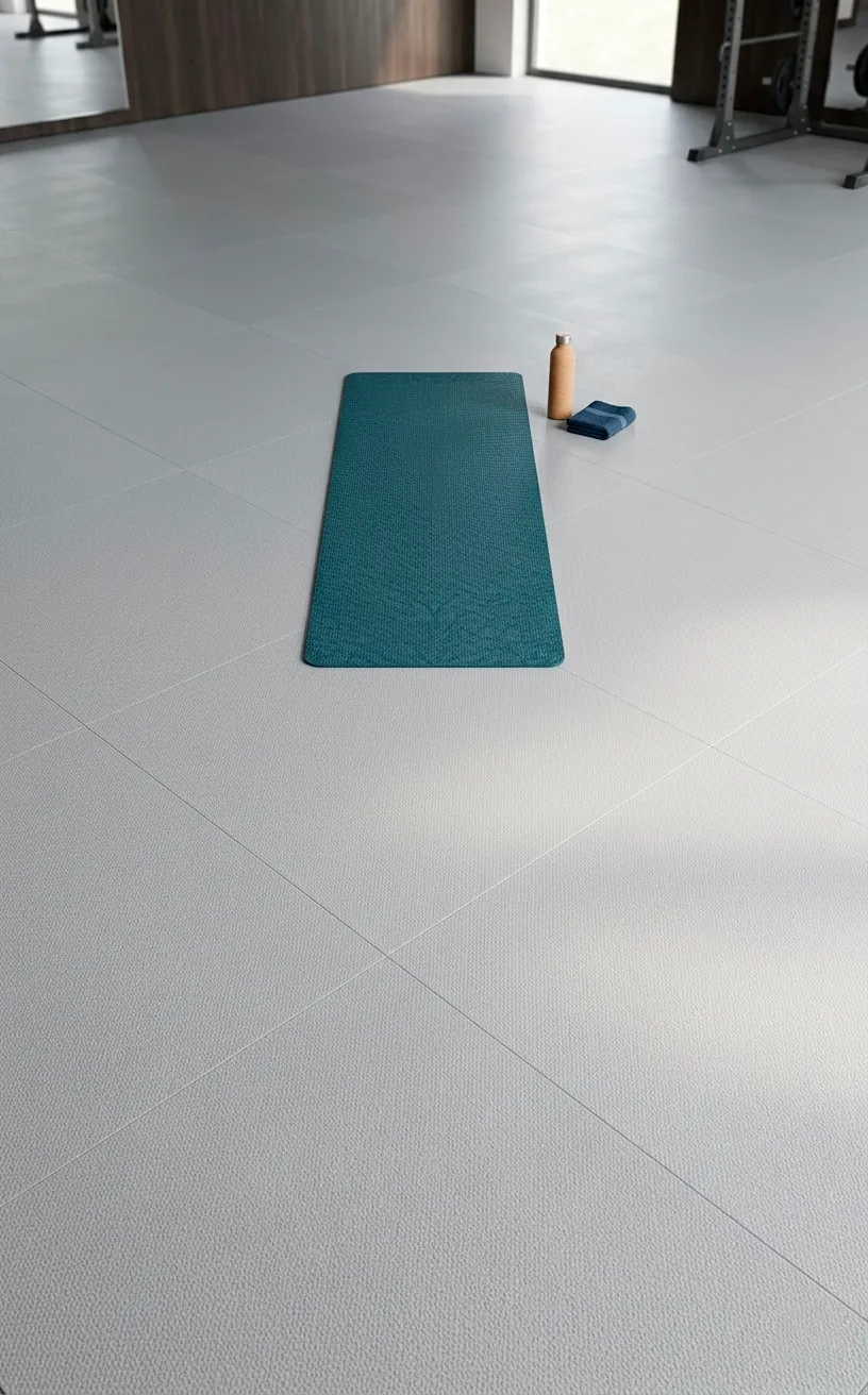 Seamless light gray rubber gym flooring in a wide, well-lit exercise room.