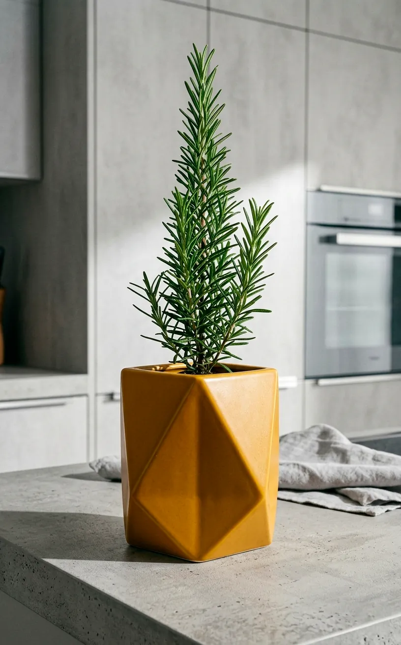 Faceted geometric mustard yellow herb pot in a modern minimalist kitchen.