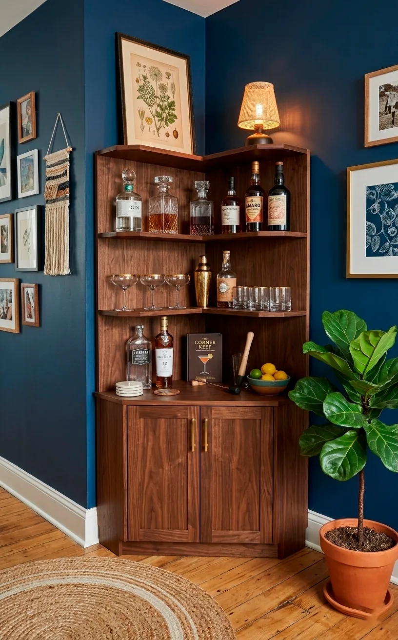 Corner bar cabinet tucked into a small apartment nook with a plant and rug.