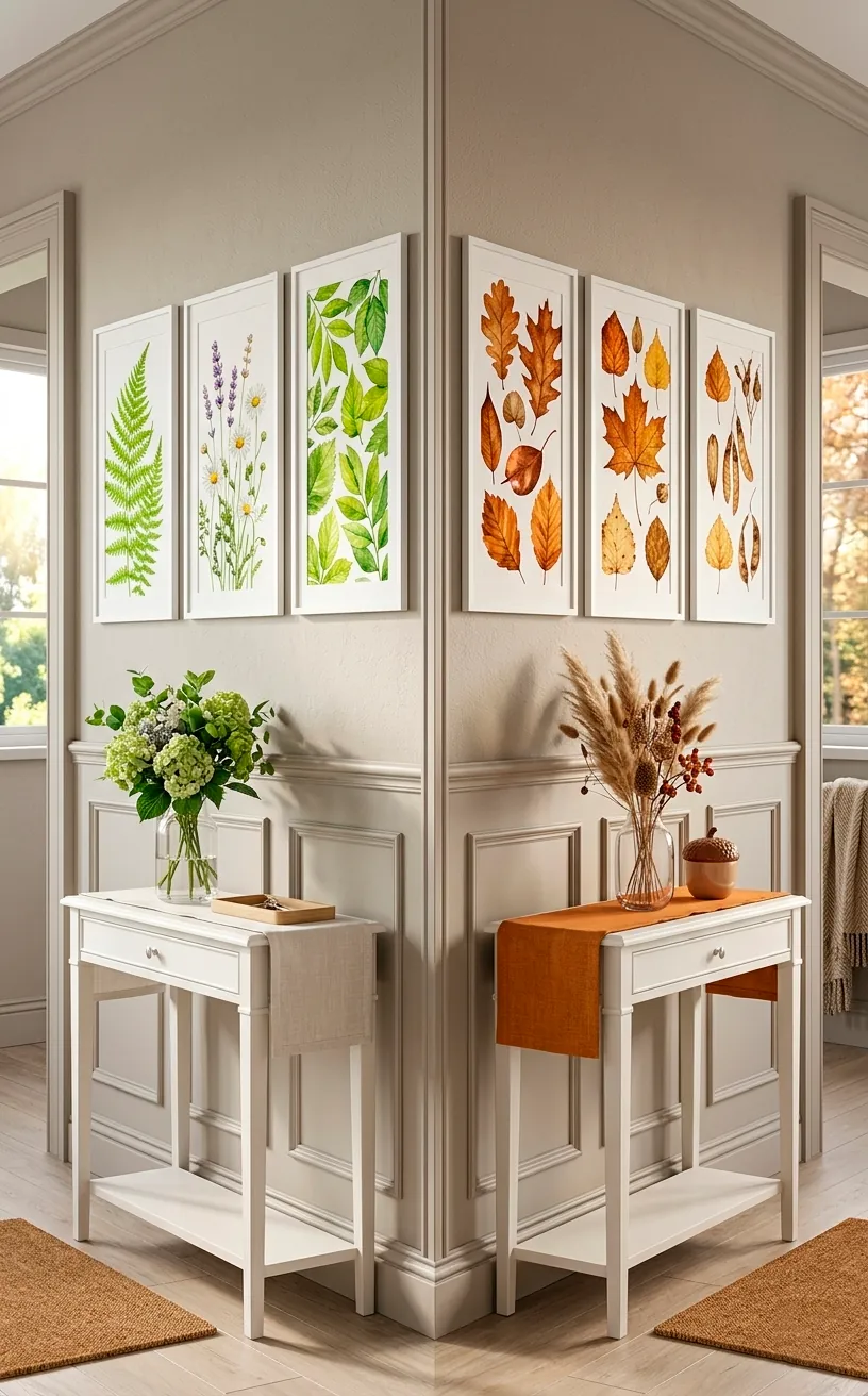 Comparison of summer and autumn botanical prints in the same foyer frames.