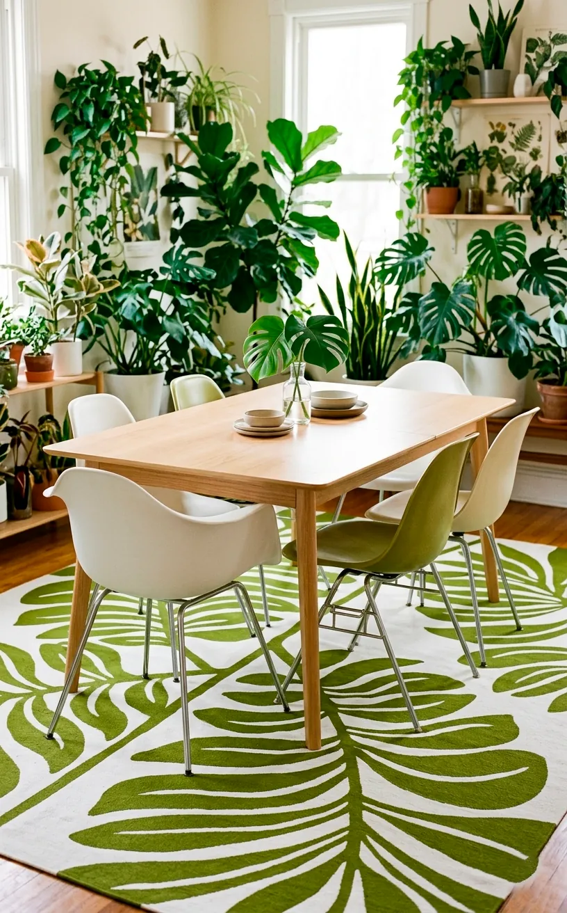 Avocado green graphic floral rug with large leaf patterns in a bright dining room.