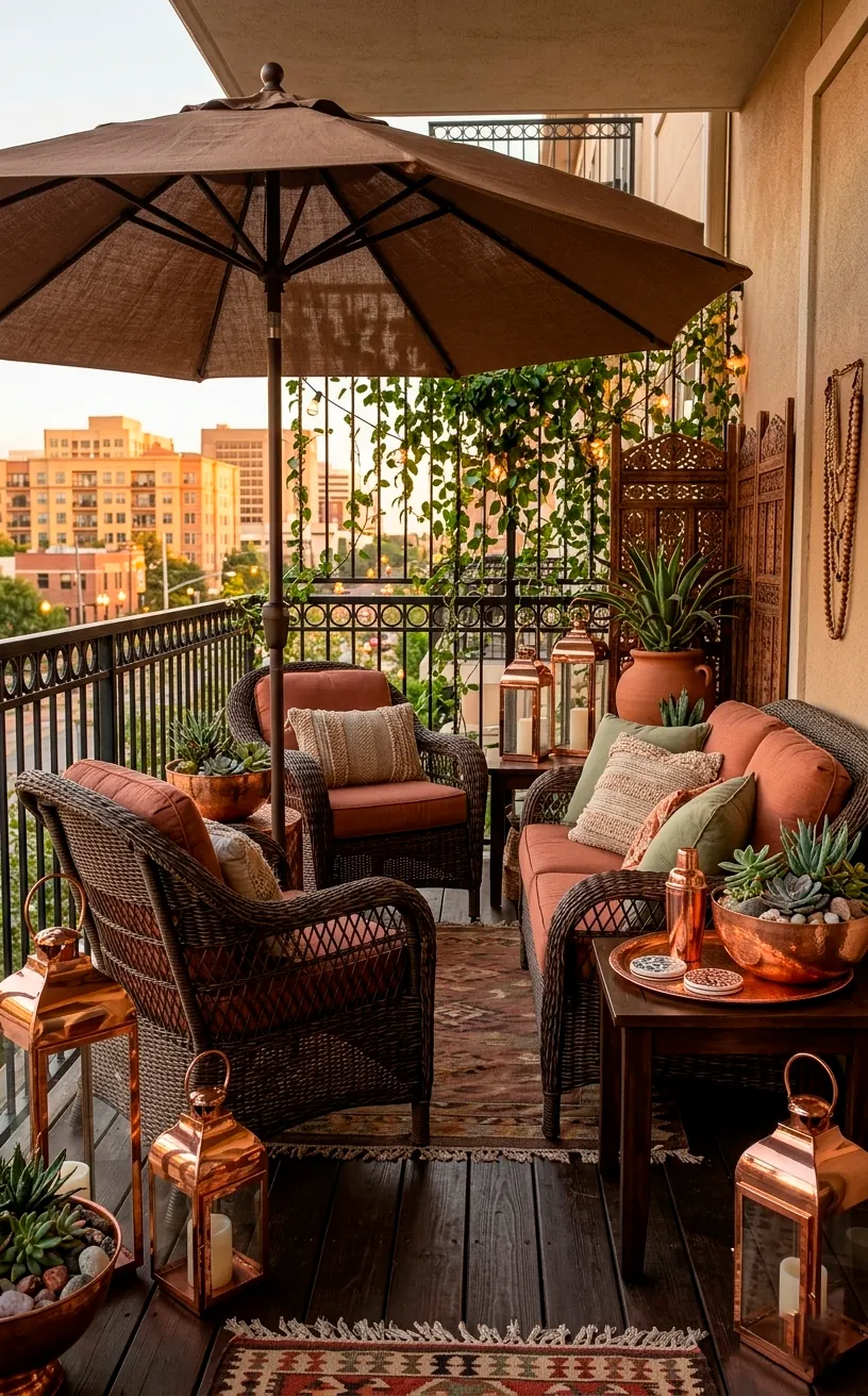 Sophisticated boho balcony with coffee brown furniture and copper accents.