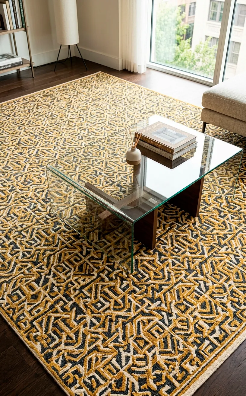 Large geometric area rug with mustard yellow patterns under a glass coffee table.