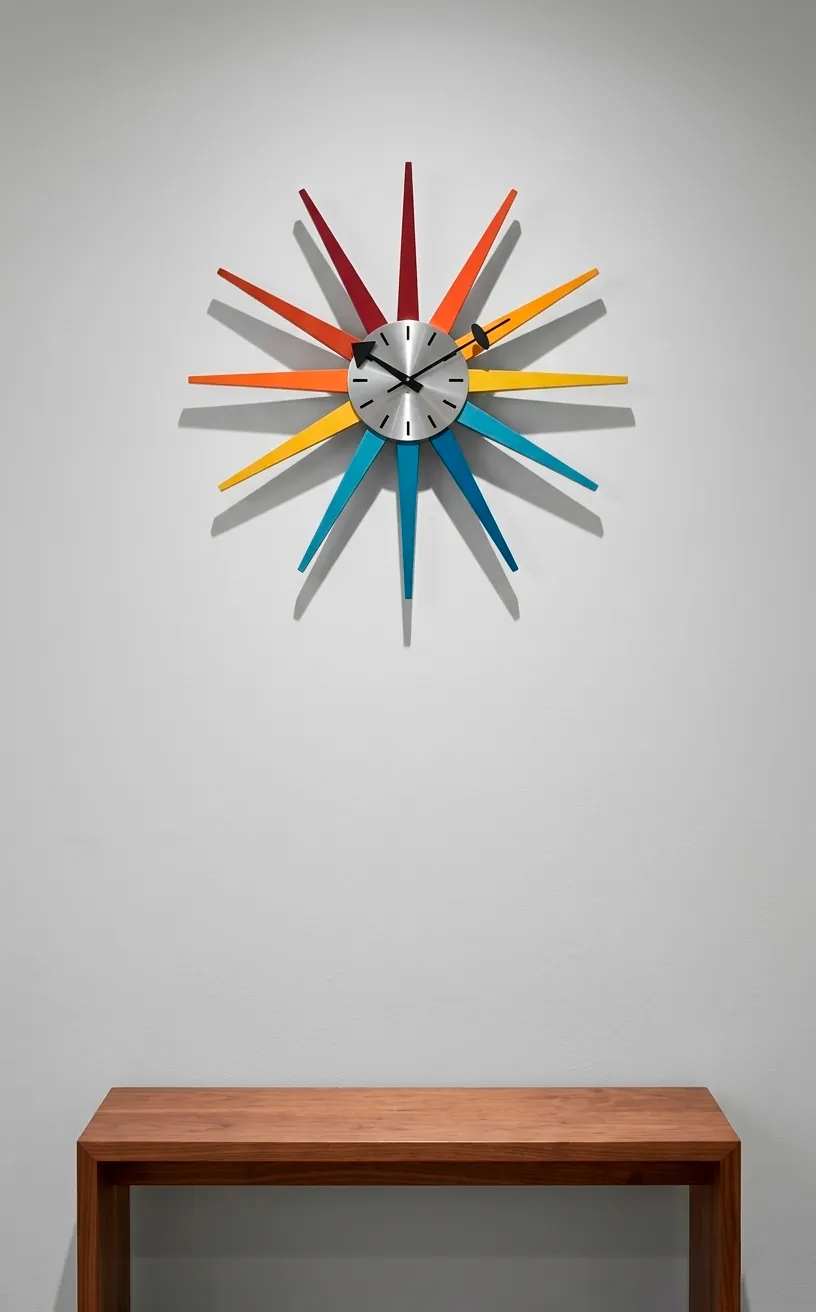 Authentic George Nelson sunburst clock with colorful rays on a minimalist grey wall.