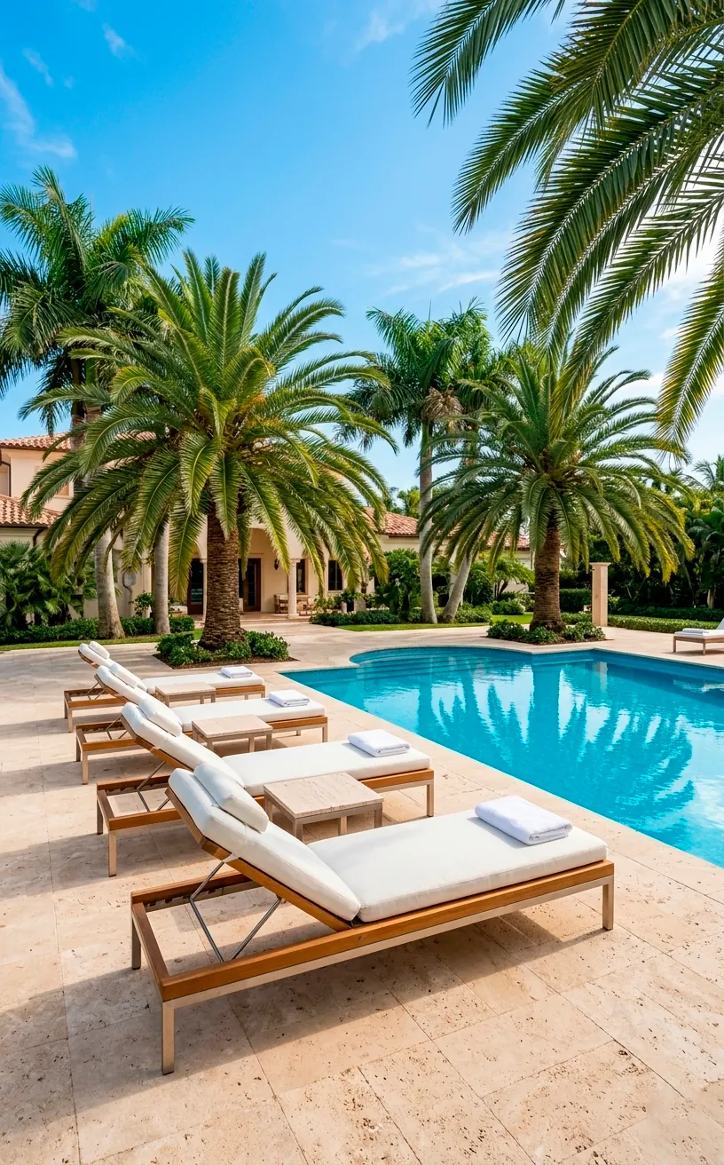 Beige travertine pool deck with blue water and luxury lounge chairs.