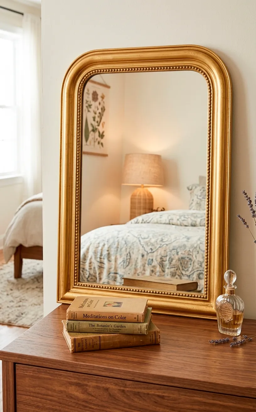 Gold Louis Philippe mirror with rounded top sitting on a bedroom dresser.
