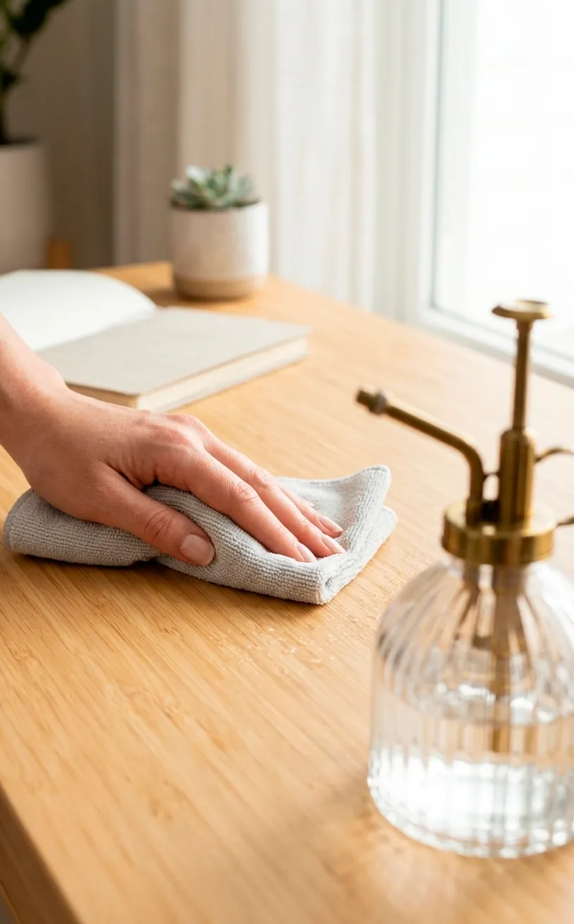 Hand cleaning a bamboo desk surface next to a decorative glass plant mister.