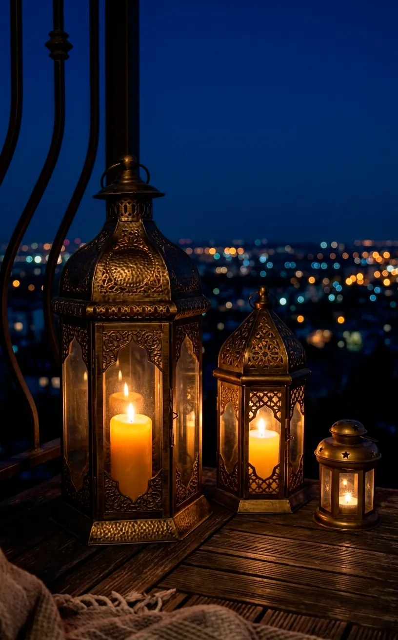 Group of ornate brass lanterns glowing on a balcony at night.