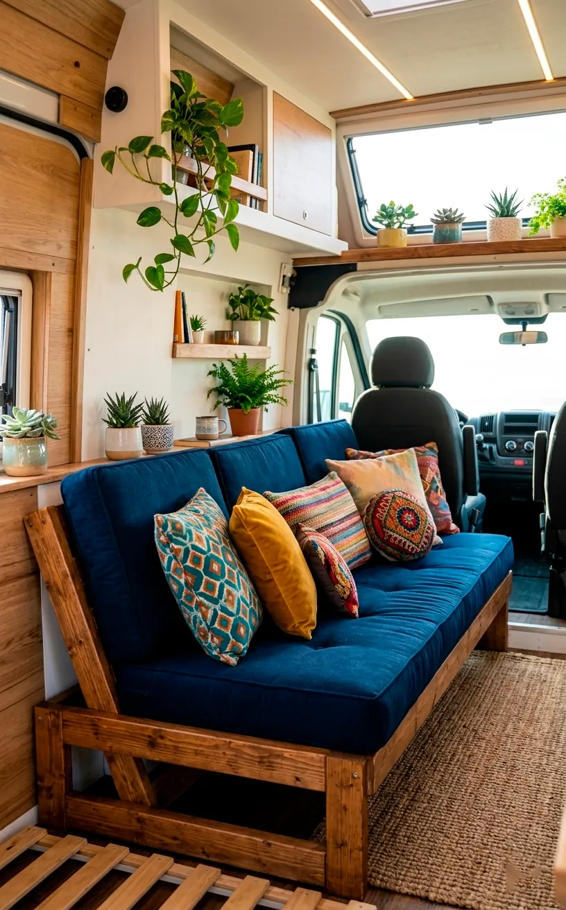 Van interior with a wooden slatted couch that converts into a bed.