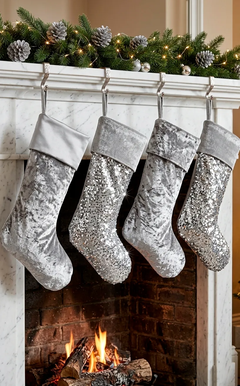 Silver velvet and sequined Christmas stockings hanging from a white mantel.