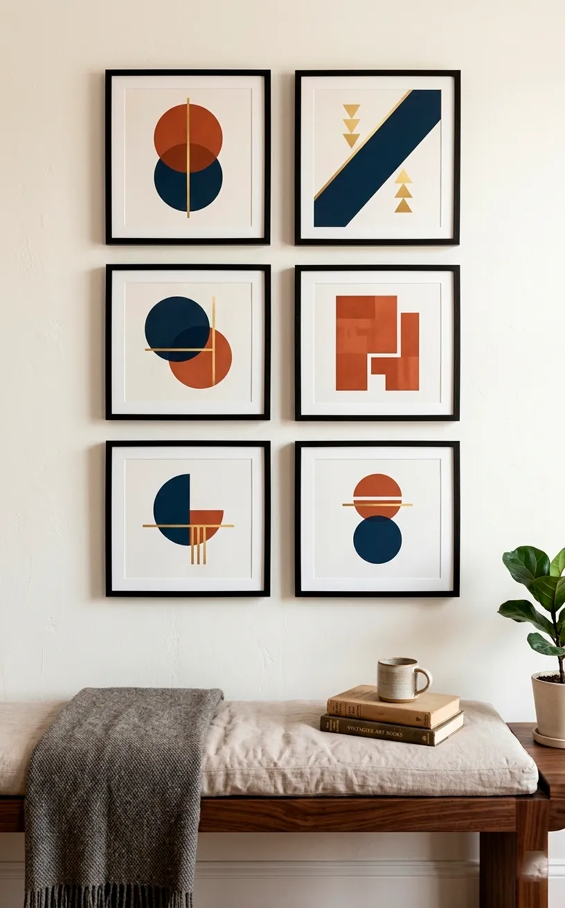 Gallery wall of minimalist geometric art prints in a reading nook.