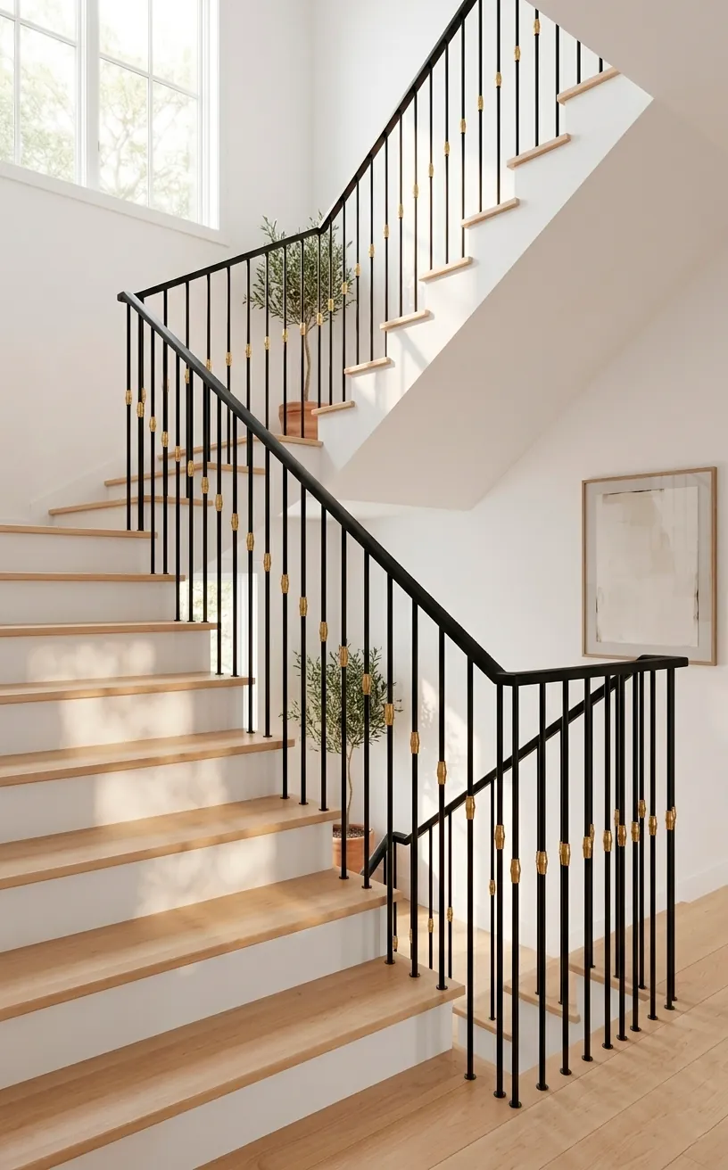 Minimalist black stair spindles with gold brass collar accents on light wood stairs.