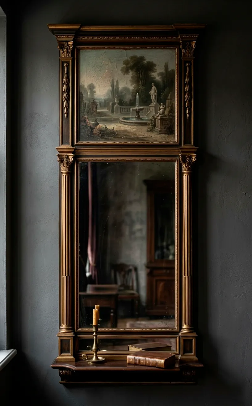 Tall Victorian Trumeau mirror with a painted landscape panel and a gilded wood frame.