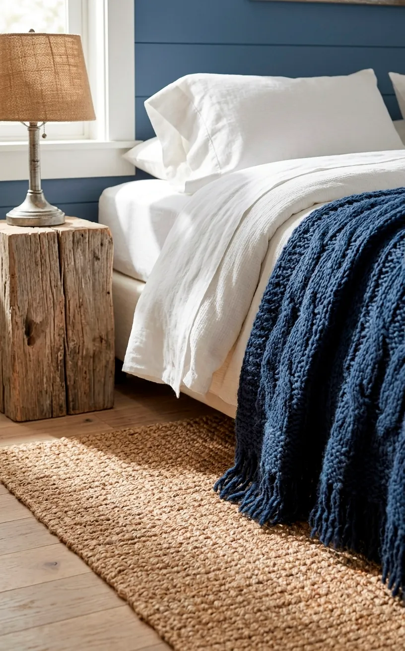 Nautical bedroom textures including jute rug, white linens, and navy wool throw.