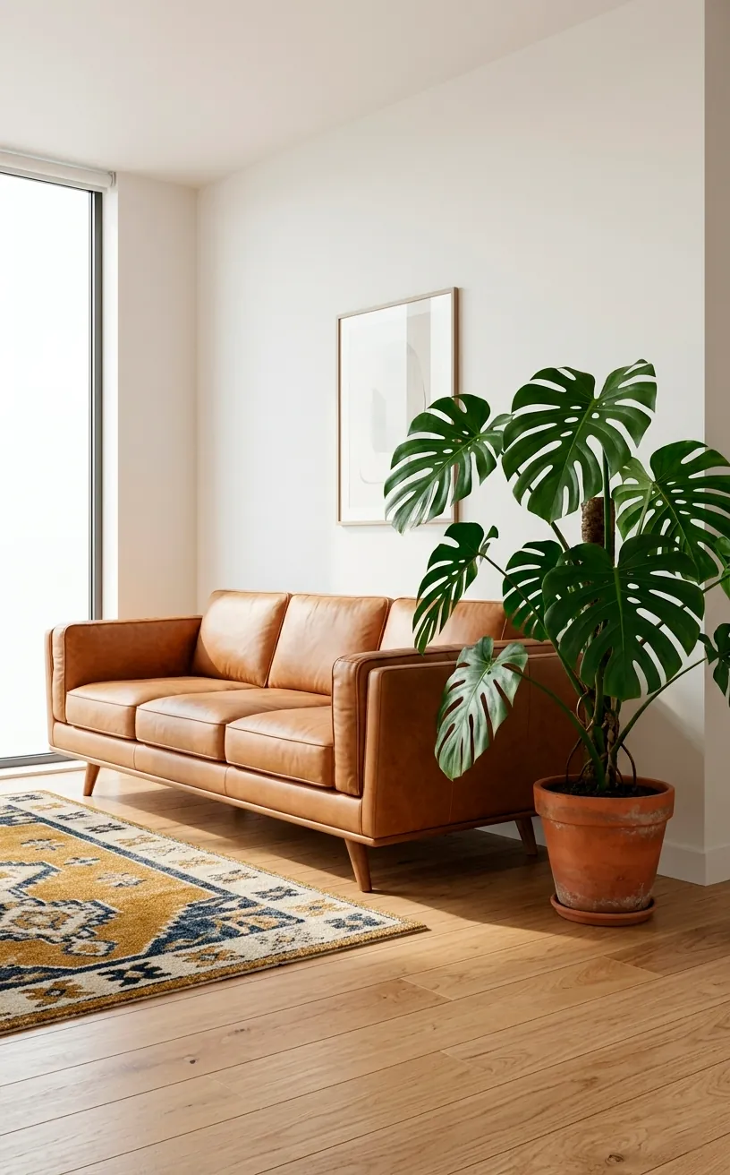 A tan leather Mid-Century Modern sofa with tapered legs in a bright, airy living room with a large plant.