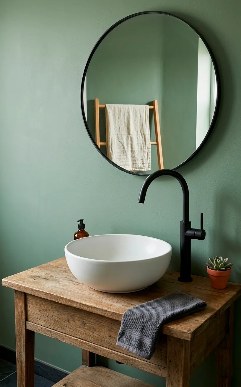 Matte black bathroom faucet against a muted sage green wall with a round mirror.