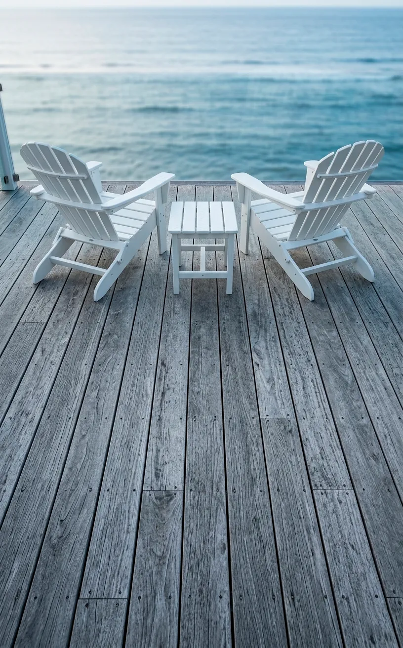 Wide plank weathered gray coastal decking with white Adirondack chairs.