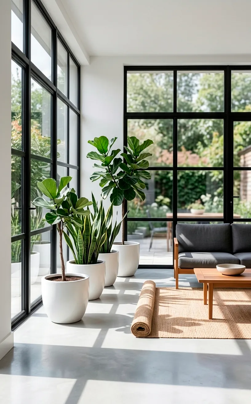 Modern minimalist sunroom with black steel frames and large architectural indoor plants.