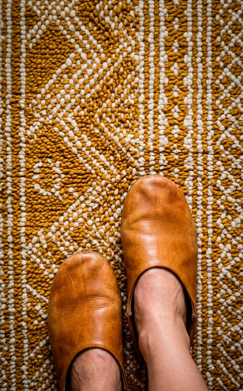 Top-down view of a textured mustard yellow and white area rug.