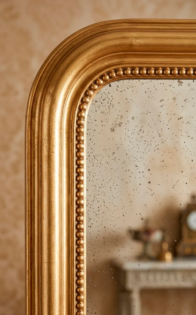Detail of the rounded corner and matte gold finish on a Louis Philippe mirror.