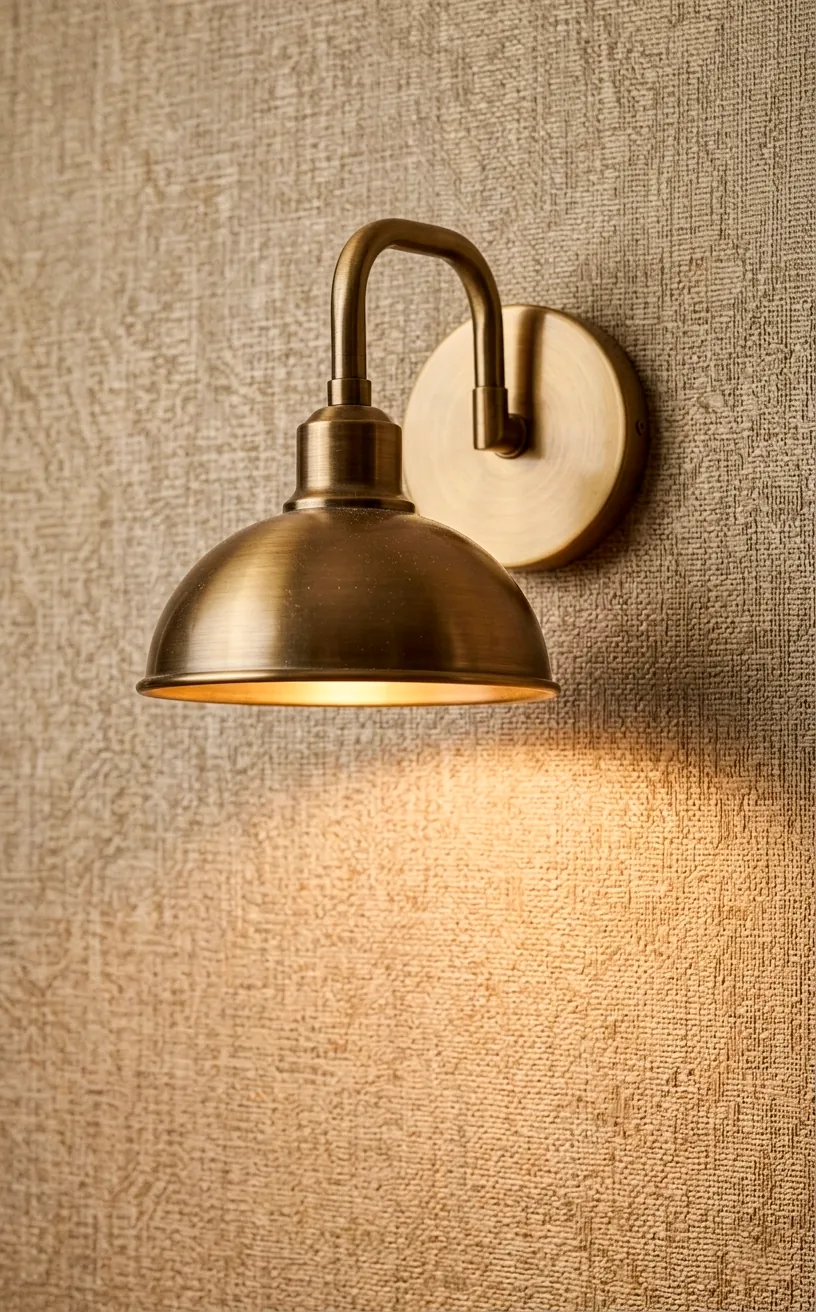 Close-up of a brushed brass wall sconce casting warm light on wallpaper.