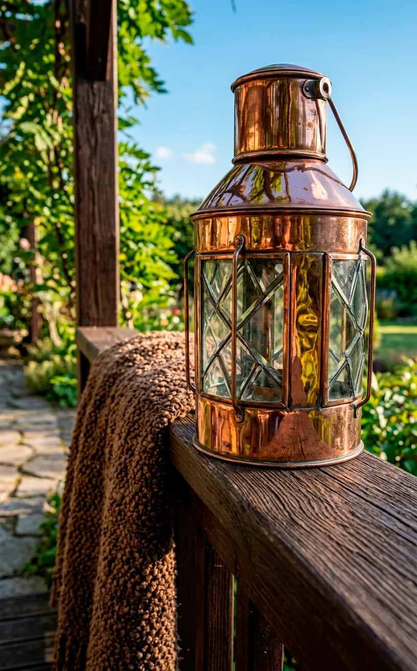 Detail shot of a metallic copper lantern on a brown wood balcony.