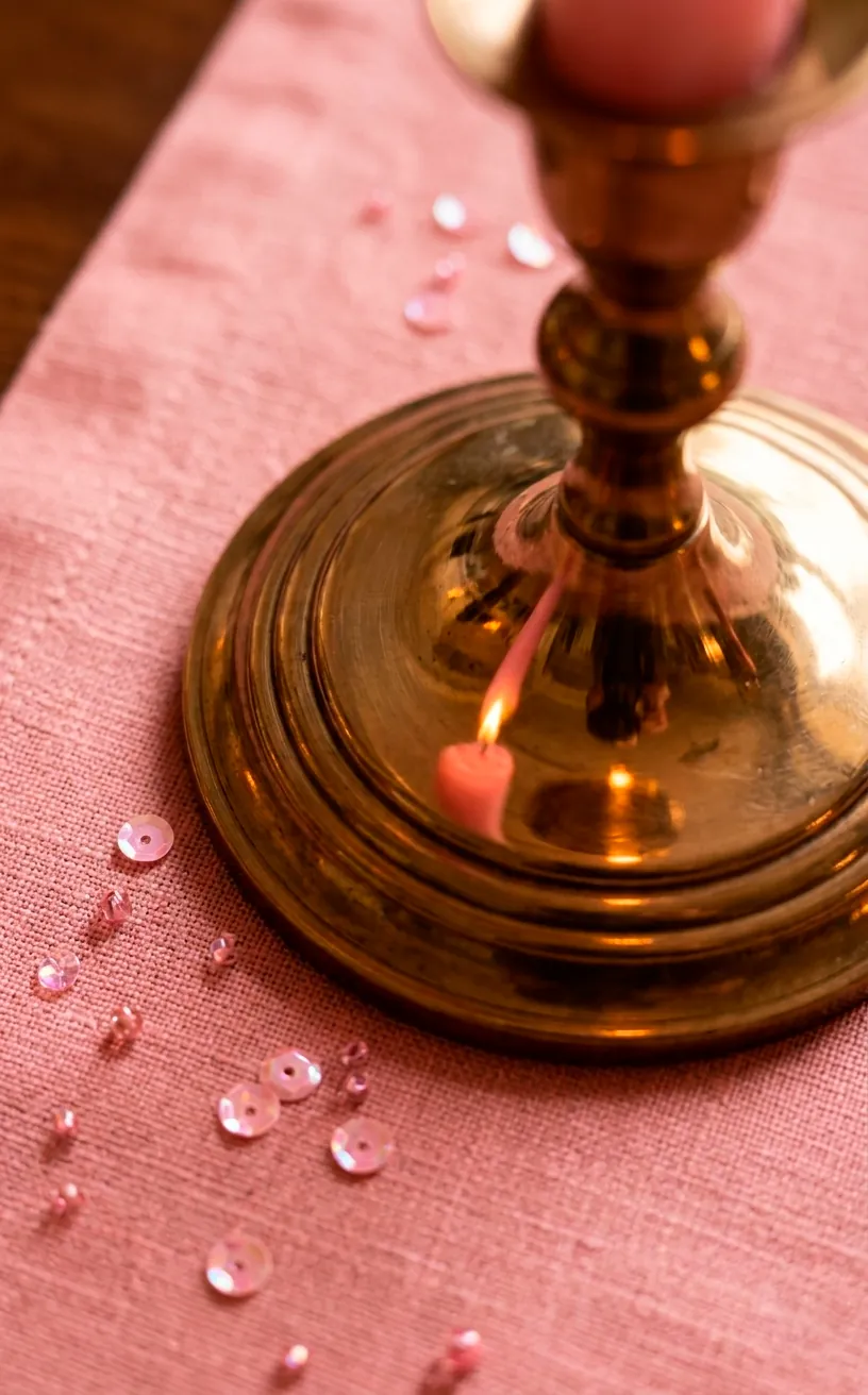 Detail of a brass candle holder with a pink taper candle on a linen runner.
