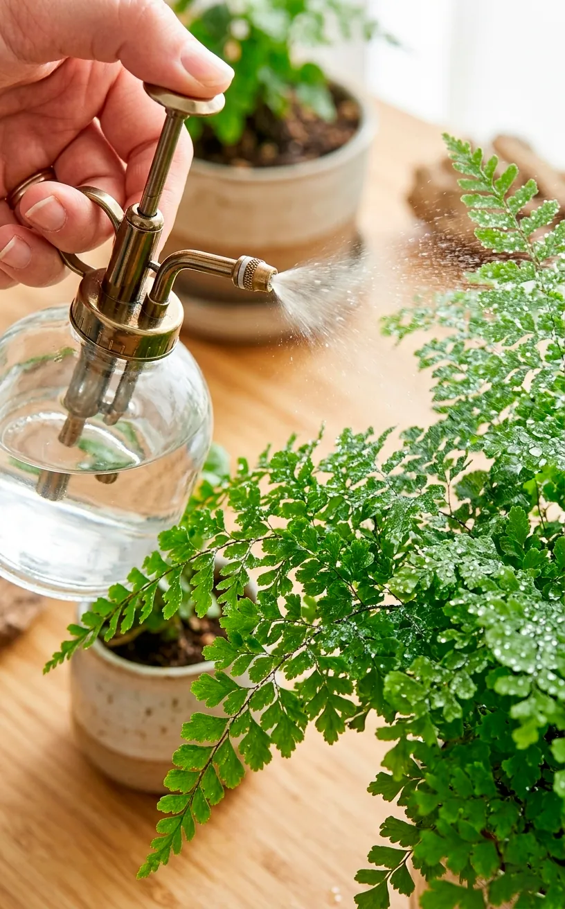 Glass mister spraying water on a green fern plant in a natural bamboo home office.