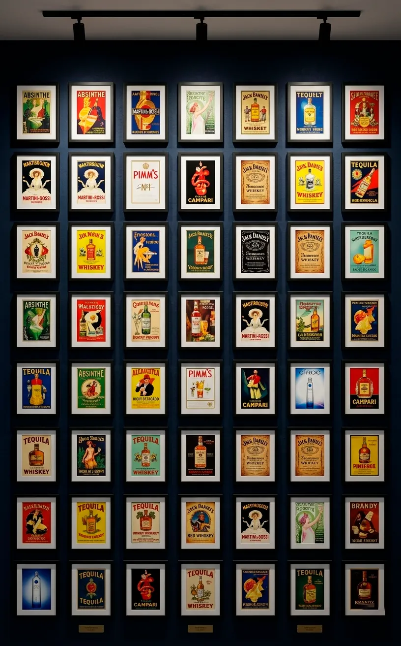 Gallery wall of vintage colorful liquor ads on a navy blue wall.