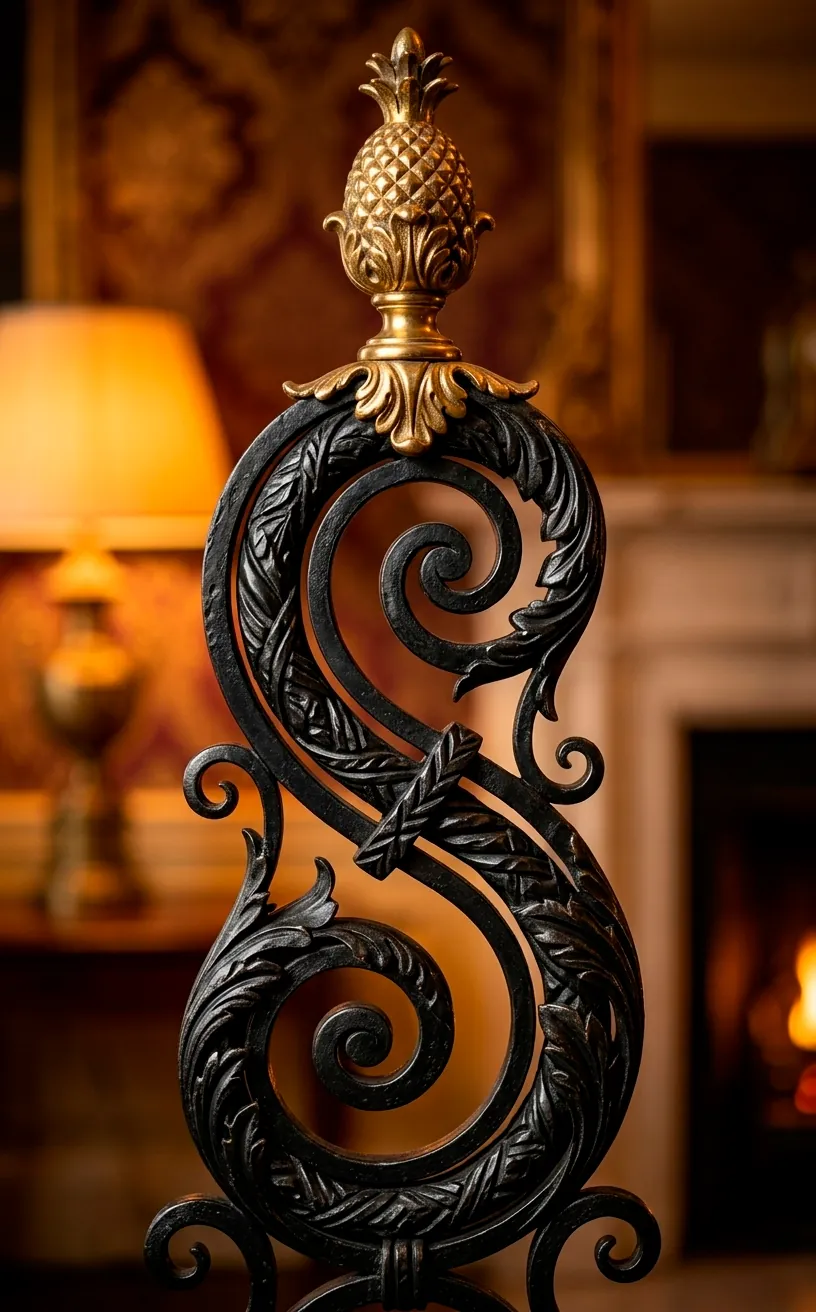 Close-up of ornate black metal scrolls with aged brass decorative accents.