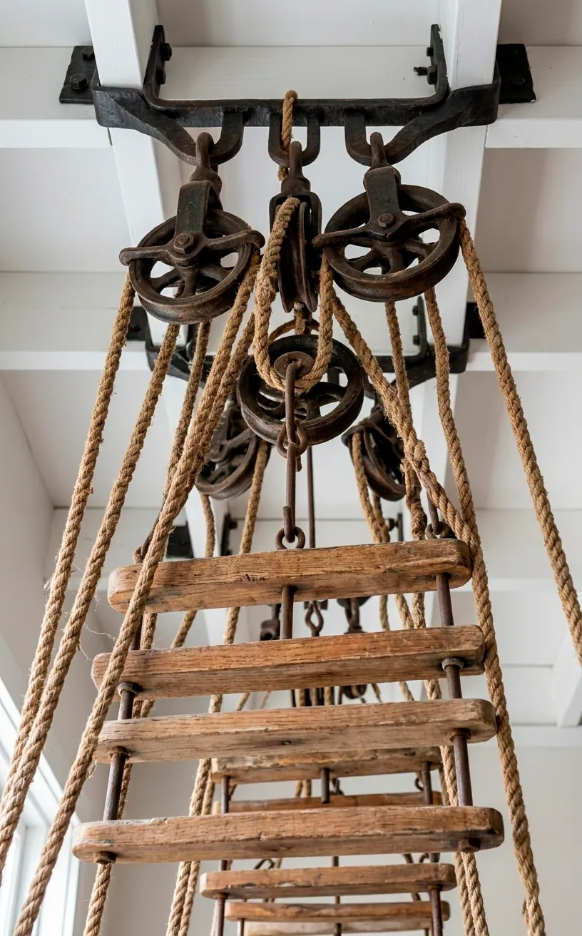 Vintage laundry pulley system for ceiling-mounted drying in a modern high-ceiling laundry room.