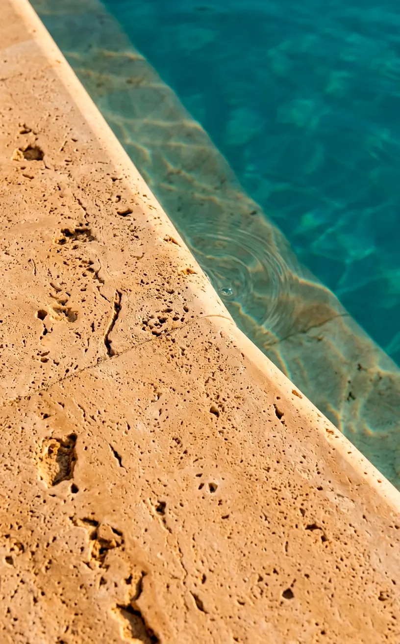 Close-up of travertine stone texture at the edge of a blue swimming pool.