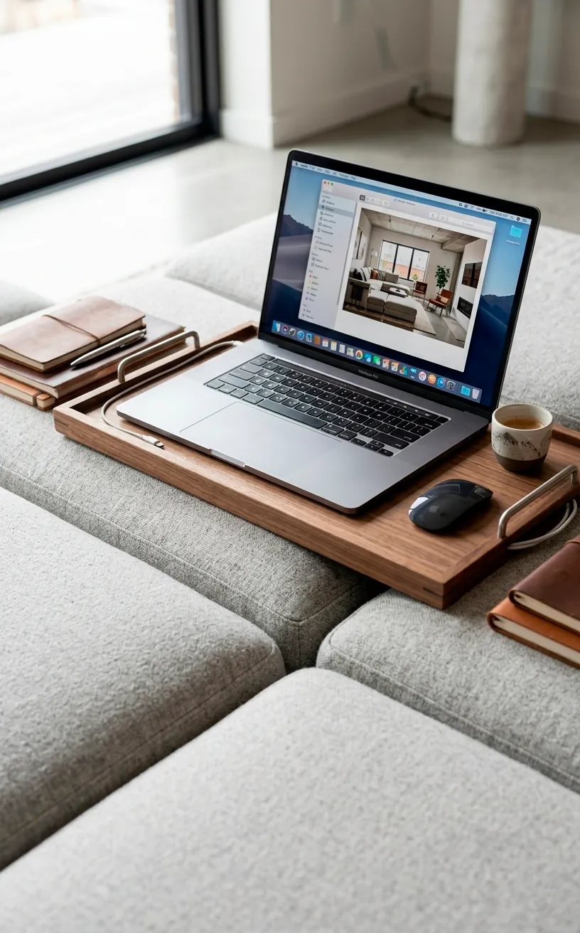 Modular ottoman pieces being used as a temporary workspace.