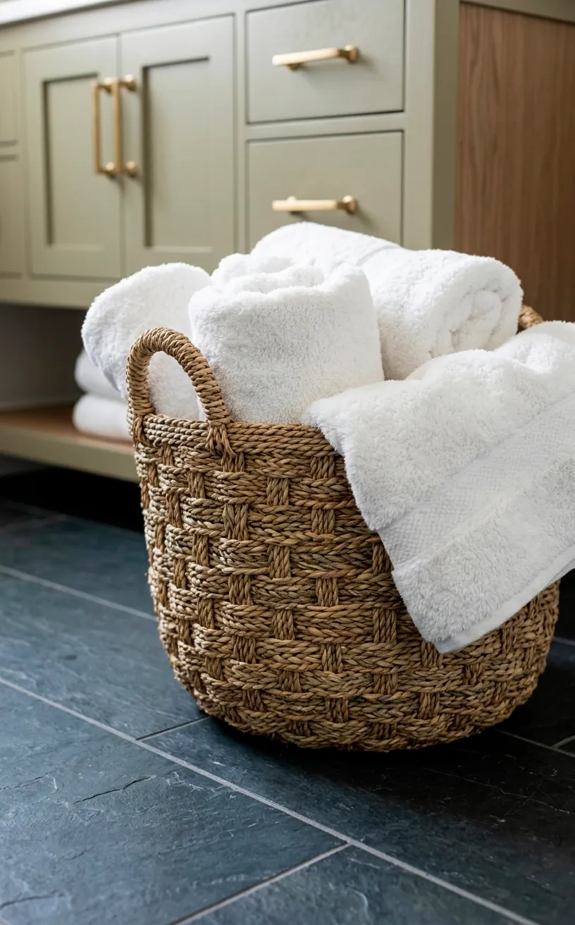Woven seagrass basket filled with white towels in a sage green bathroom.