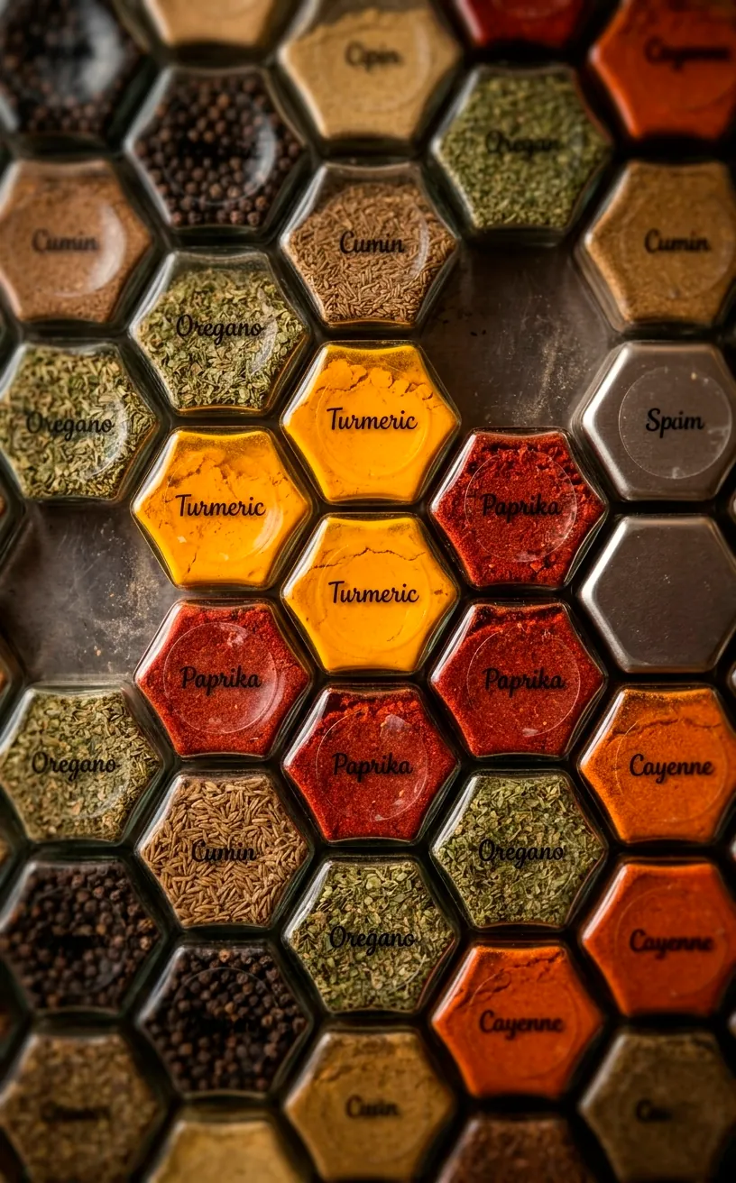 Hexagonal magnetic spice jars with colorful spices on a metal backsplash.